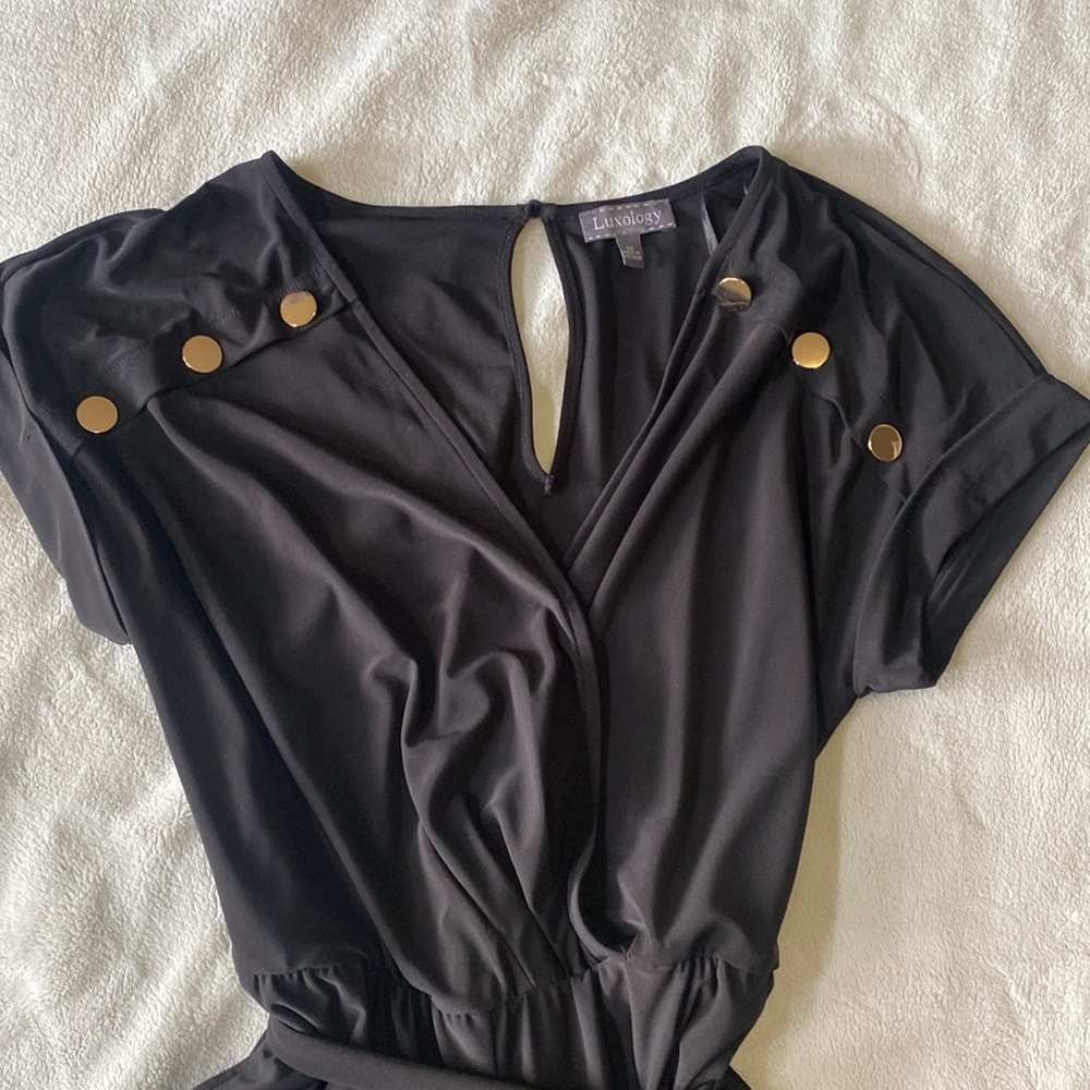 Black Dressy Romper With Pockets And Gold Color Buttons - Picture 3 of 7